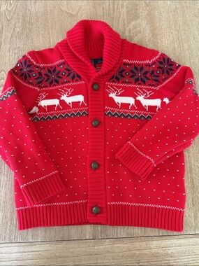 Janie and Jack Red Reindeer Shawl-Collar Cardigan